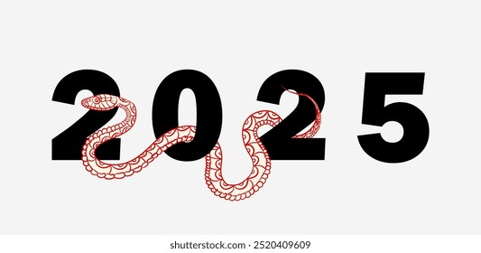 Dibujados a mano, los entrelazados de serpiente roja alrededor del número 2025, que simbolizan el Año de la Serpiente en el zodiaco chino. Anuncio con serpiente reptil decorada lineal como símbolo del horóscopo oriental.