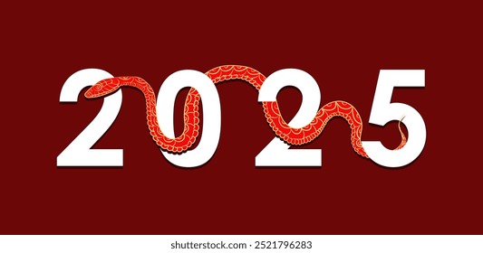 Hand drawn red snake entwines around the number 2025, symbolizing the Year of the Snake in the Chinese zodiac. Red banner in Asian style with golden reptile snake as a Oriental horoscope symbol