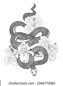 hand drawn Red snake vector with hibiscus flower and iris flower isolate.Snake tattoo design.black and white snake with flower.