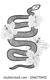 hand drawn Red snake vector with hibiscus flower and iris flower isolate.Snake tattoo design.black and white snake with flower.
