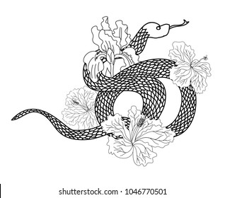 hand drawn Red snake vector with hibiscus flower and iris flower isolate.Snake tattoo design.black and white snake with flower.