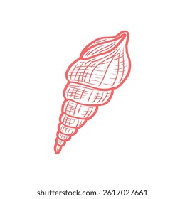 Hand drawn red spiral sea shell vector in vintage engraving style. Perfect for ocean-themed designs, beach decor, nautical illustrations, and marine collections.