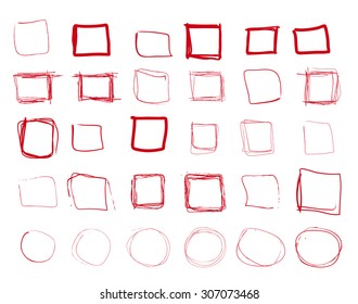 Hand drawn red  squares and rounds set, check mark icons, vector eps8 collection