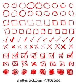 Hand drawn red squares and rounds set, check mark icons, vector eps8 collection