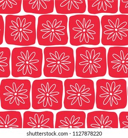 Hand drawn red squares with white flowers on a white background. Seamless vector pattern. Perfect for backgrounds, fabric, packaging, and wallpaper projects.