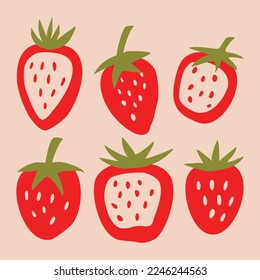 hand drawn red strawberry fruit. line art of strawberries and fill color in one set