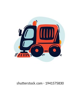 Carro barrendero rojo dibujado a mano. Camión de limpieza. Ilustración vectorial de niños pequeños.