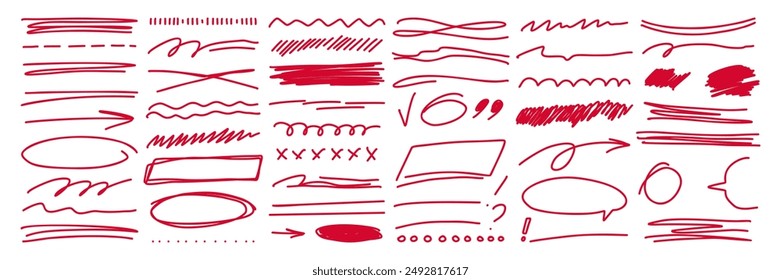 Hand drawn red strikethrough and squiggles lines asset. Crosses, curved and trendy scribble brush strokes. Isolated vector illustration.