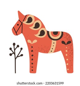 Hand drawn red Swedish Dala horse , isolated on white background vector illustration in flat style