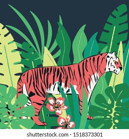 Hand drawn red tiger with exotic tropical leaves, flat vector illustration