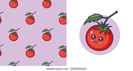 Dibujaron tomate rojo en forma de garabato para diseñar ropa de bebé. Postcard con tomate y patrón sin fisuras. Viñeta de Bohemia. Los niños diseñan textura para pijamas. Ilustración vectorial.