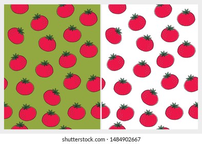 Hand Drawn Red Tomatos Vector Pattern. Red Tomatos Isolated on a White and Green Background. Healthy Food Print. Cute Irregular Vegetables Repeatable Print Ideal for Wrapping Paper, Fabric, Textile.