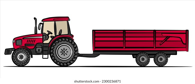 A hand drawn of a red tractor with agricultural trailer. Farm trailer abstract silhouette, side view. Modern farm tractor flat illustration. Vector EPS 10