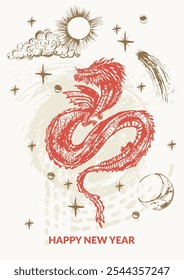 Hand drawn red traditional dragon with wings, sun moon, clouds, stars. Chinese new year symbol. Astrological background, horoscope design.