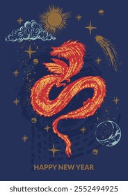 Hand drawn red traditional dragon with wings, sun moon, clouds, stars. Chinese new year symbol. Astrological background, horoscope design.