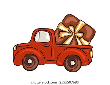 Hand drawn red truck carrying a large gift with a bow against a white background vector illustration