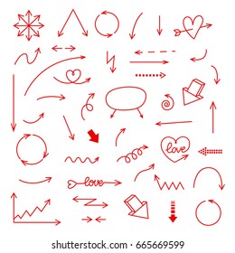 Hand drawn red vector arrows set.