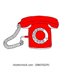A Hand drawn red vector illustration of old retro phone isolated on a white background