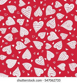 Hand drawn red vector seamless background pattern with hearts. Bright backdrop for wrapping paper, greeting cards, posters, invitation, wedding and Valentines cards.