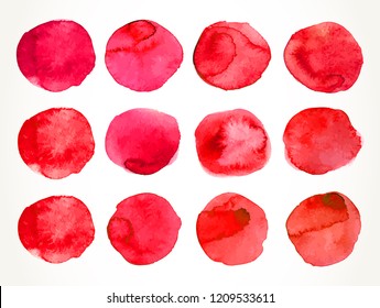 Hand drawn red watercolor circles set, isolated over white. Watercolour paint background design elements collection. Vector illustration.