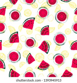 Hand drawn red watermelon slices and yellow lemons seamless pattern vector background in a colorful retro style. Great for fabric, paper, wallpaper and more.