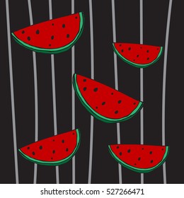 hand drawn red watermelons. black striped background