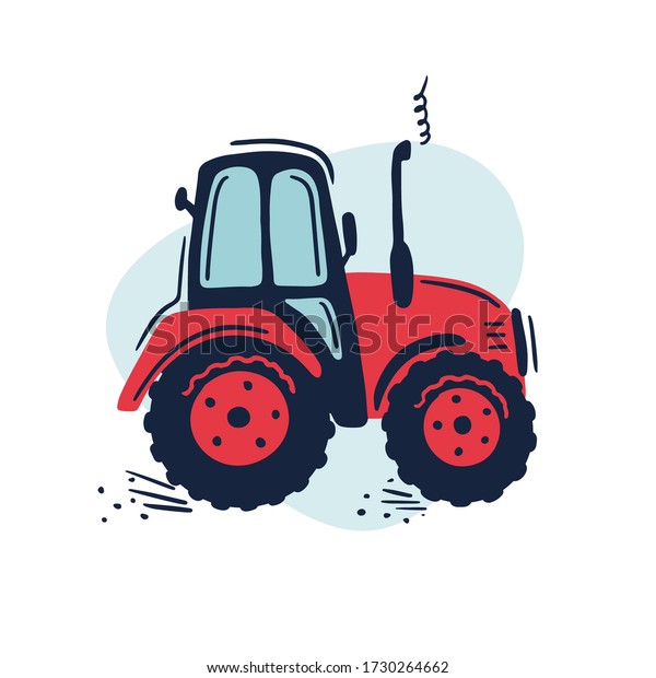 Hand drawn red wheeled tractor. Cute kids\
vector illustration.