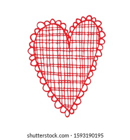 Hand drawn red and white doodle heart with lace. Vector illustration. Scribble heart. Love concept for Valentine's Day