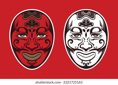 Hand drawn red white japanese traditional mask on red background.