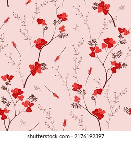 Hand drawn red wild flowers with dragonfly seamless pattern on pastel background,vector illustration