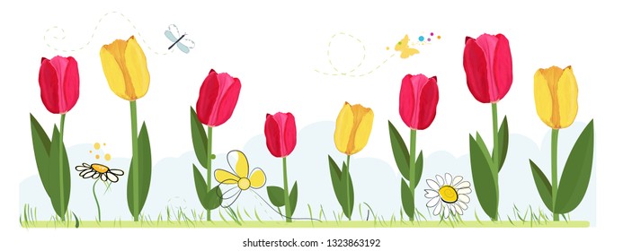 Hand drawn red, yellow realistic tulips with daisies and butterfly. Spring time banner background illustration