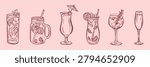 Hand drawn refreshing drink collection featuring fruit beverages, cocktails, smoothies, and summer refreshments. Ideal for menus, cafes, bars, and food branding projects.