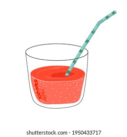 Hand drawn refreshing pink drink in glass with straw on white background