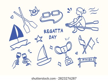 Hand Drawn Regatta Day Doodle Set with Sailboats Rowing Trophy Oars Racing Flags and Sailing Elements