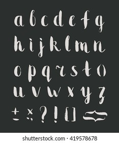 Hand drawn regular bold grunge font with punctuation marks on black background. Font contains question mark, exclamation point, period, comma, dash, hyphen, bracket, parenthesis. Vector illustration.