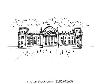 Hand drawn Reichstag building in Berlin, German parliament. Berlin landmark, Germany. Vector illustration. Sketch.