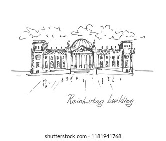 Hand drawn Reichstag building in Berlin, German parliament. Berlin landmark, Germany. Vector illustration. Sketch.