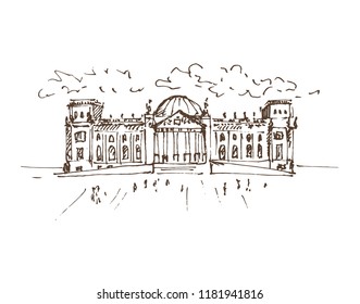 Hand drawn Reichstag building in Berlin, German parliament. Berlin landmark, Germany. Vector illustration. Sketch.