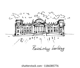 Hand drawn Reichstag building in Berlin, German parliament. Berlin landmark, Germany. Vector illustration. Sketch.