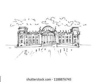 Hand drawn Reichstag building in Berlin, German parliament. Berlin landmark, Germany. Vector illustration. Sketch.