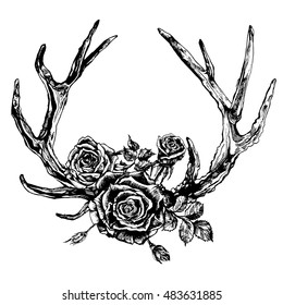 Hand drawn reindeer antlers and roses. Hipster tattoo design. Vector ink illustration isolated on white background. Boho, grunge, rustic style. Prints, posters, t-shirts and textiles