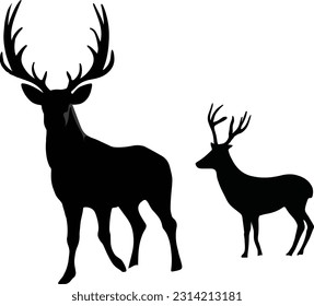 Hand drawn reindeer silhouette with calve. no background, transparent background, Vector illustration. realistic