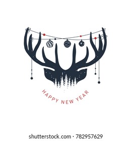 Hand drawn reindeer textured vector illustration and "Happy New Year!" inspirational lettering.