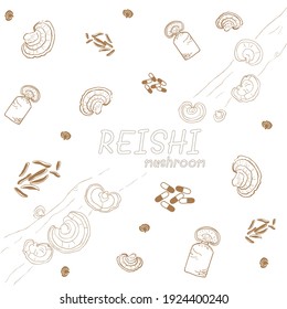 Hand drawn Reishi Lingzhi mushroom Ganoderma lucidum (Fr.) Kart., mycelium, capsules, sliced mycelium, mycelium spawn - super food used for healthy as medical mushroom.