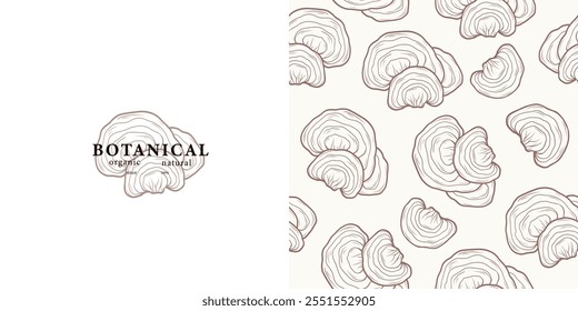 Hand drawn reishi mushroom logo and seamless pattern