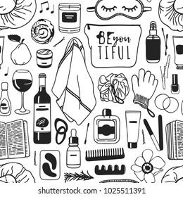 Hand drawn relax seamless pattern. Actual vector drawing background with beauty products, wine, food, book