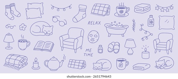 Relaxe desenhado à mão relaxamento e Relax doodle set banheira, toalhas, gatos, máscaras de rosto doodles.soft vetor clipart casa relaxamento