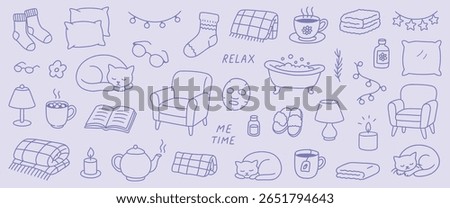 Hand drawn relaxation and Relax doodle set bathtub, towels, cats, face masks cozy doodles.soft vector clipart home relaxation