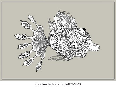 Hand drawn relict fish, vector ornament sketch, black and white pattern