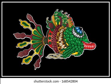 Hand drawn relict fish, vector patterned design, isolated on black